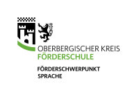 Logo des Oberbergischen Kreises mit Wappen, Schriftzug 'Oberbergischer Kreis Förderschule' in Schwarz und Grün sowie 'Förderschwerpunkt Sprache' in Schwarz.