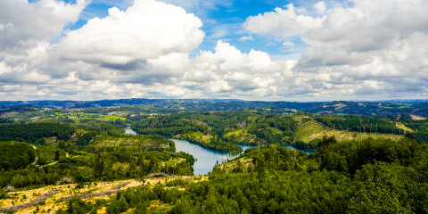 View of the Genkeltalsperre and the surrounding nature. Landscape at the reservoir near Gummersbach and Meinerzhagen.