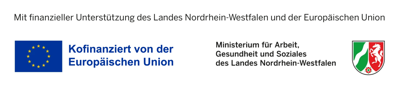 Logo der Europäischen Union mit Text 'Kofinanziert von der Europäischen Union', daneben das Wappen von Nordrhein-Westfalen mit Text 'Ministerium für Arbeit, Gesundheit und Soziales des Landes Nordrhein-Westfalen'. Darüber Text 'Mit finanzieller Unterstützung des Landes Nordrhein-Westfalen und der Europäischen Union'.