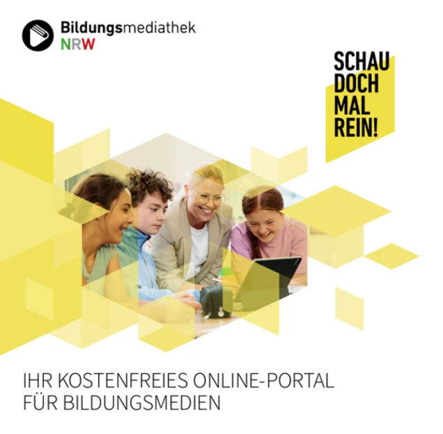 Werbegrafik für die Bildungsmediathek NRW. Eine lächelnde Lehrperson und drei Jugendliche arbeiten gemeinsam an einem Laptop, umgeben von gelben geometrischen Formen. Text: 'Ihr kostenfreies Online-Portal für Bildungsmedien' und 'Schau doch mal rein!'.