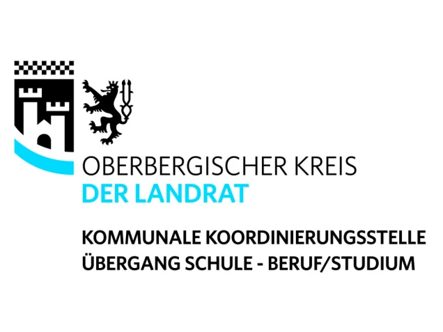 Logo mit Wappen des Oberbergischen Kreises, bestehend aus einer stilisierten Burg, einem Löwen und einem Dreizack. Darunter der Text: 'Oberbergischer Kreis, Der Landrat, Kommunale Koordinierungsstelle Übergang Schule - Beruf/Studium'.