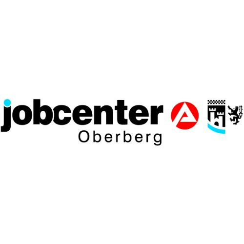 Logo des Jobcenters Oberberg mit schwarzem Schriftzug 'jobcenter' und 'Oberberg' darunter. Rechts sind Symbole mit rotem Kreis, Turm und Löwe.