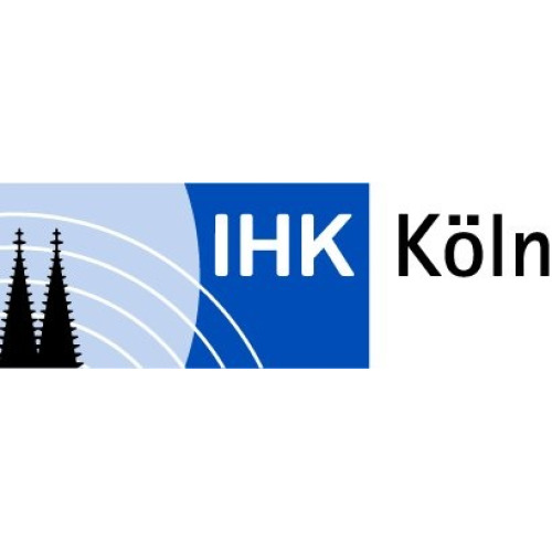 Logo der IHK Köln mit stilisierter Darstellung des Kölner Doms links und Schriftzug 'IHK Köln' auf blau-weißem Hintergrund.