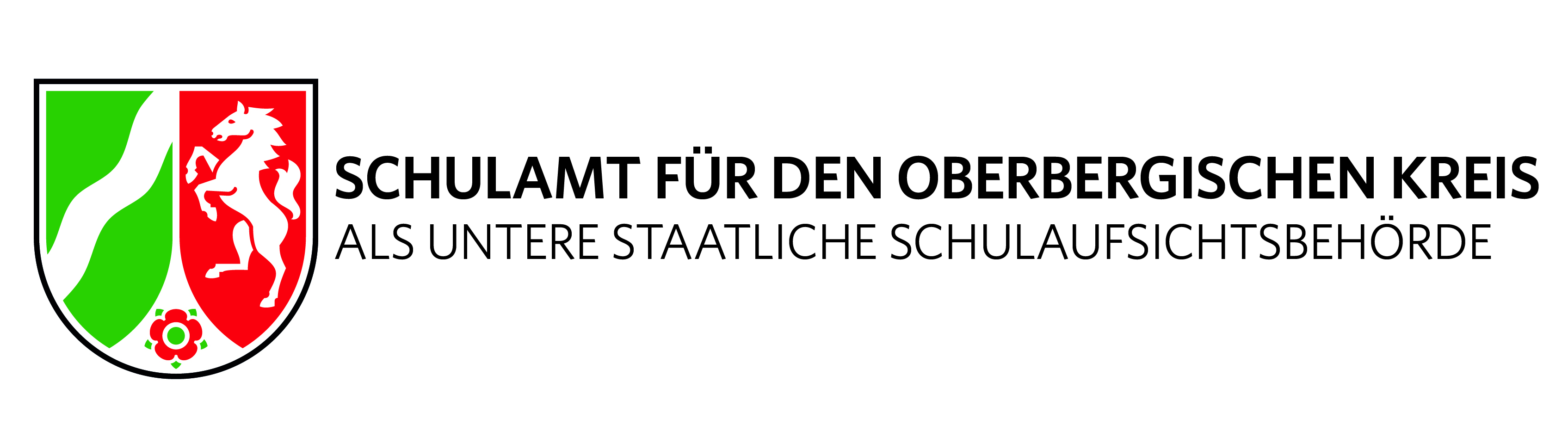 Logo des Schulamts für den Oberbergischen Kreis. Links ein Wappen in Grün, Weiß und Rot mit einem Pferd und einer Rose. Rechts der Text: SCHULAMT FÜR DEN OBERBERGISCHEN KREIS ALS UNTERE STAATLICHE SCHULAUDSICHTSBEHÖRDE.